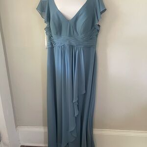 Azazie Omari Blue Pleated Maxi Gown V-Neck